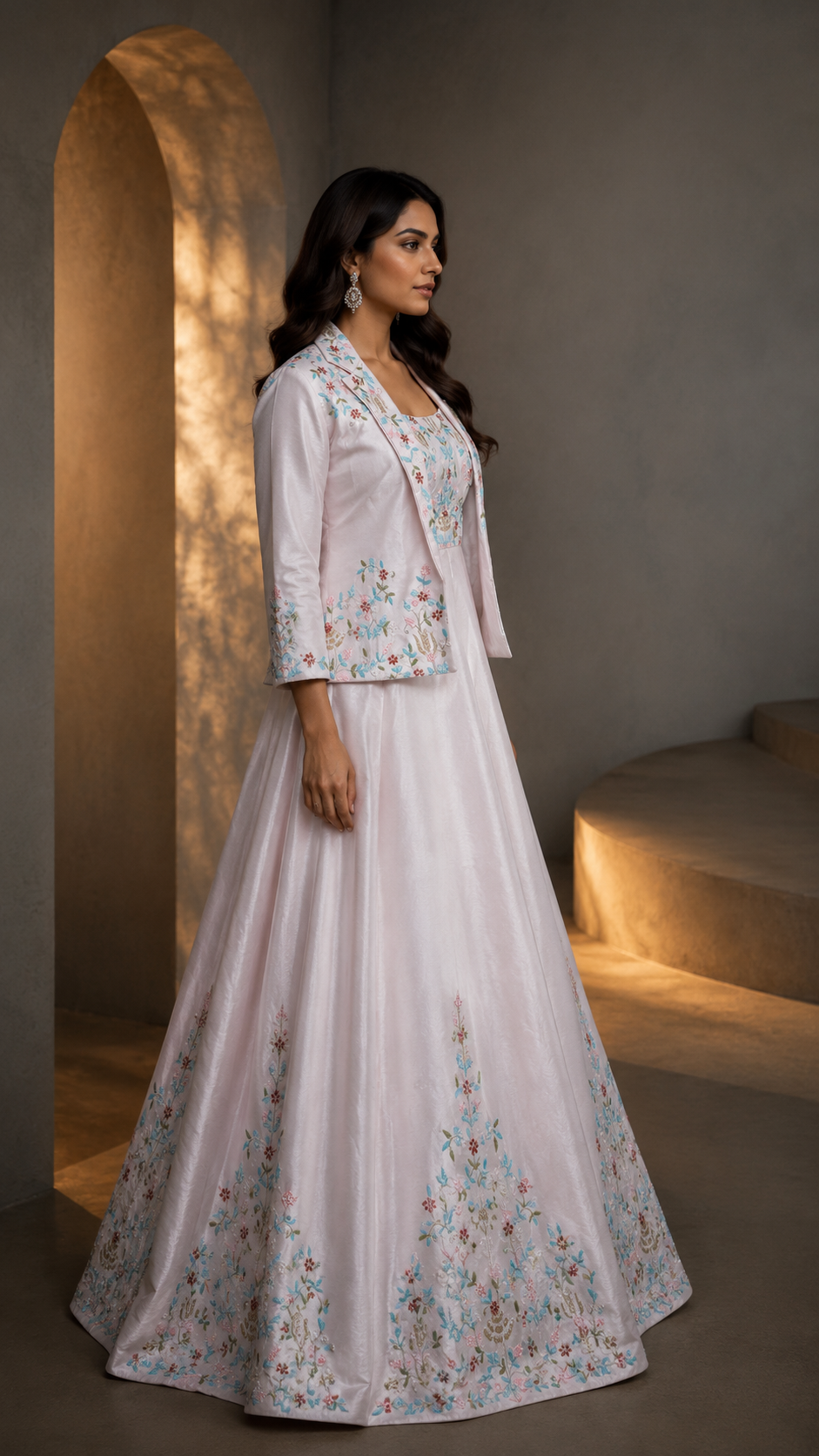 Baby pink Garden Embroidered Gown Jacket set