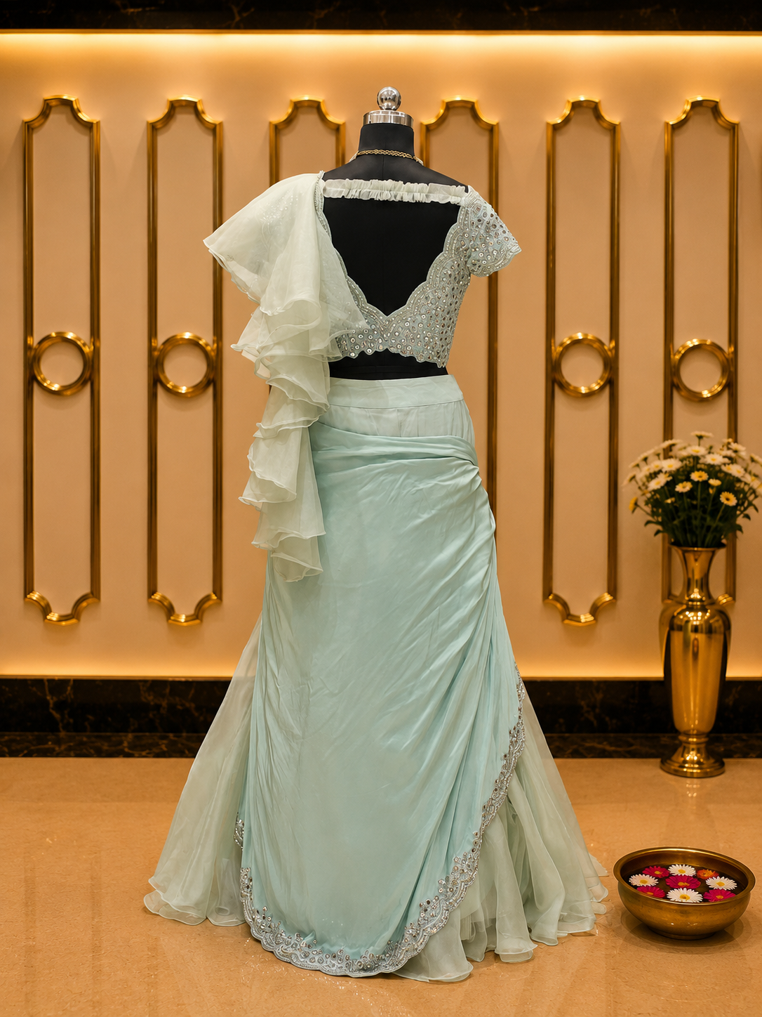 Pastel Mint Mirror-Work Saree