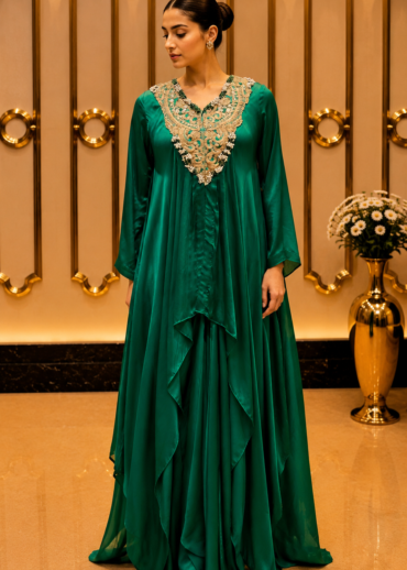 Emerald Green Embellished Satin Kaftan Co-ord Set