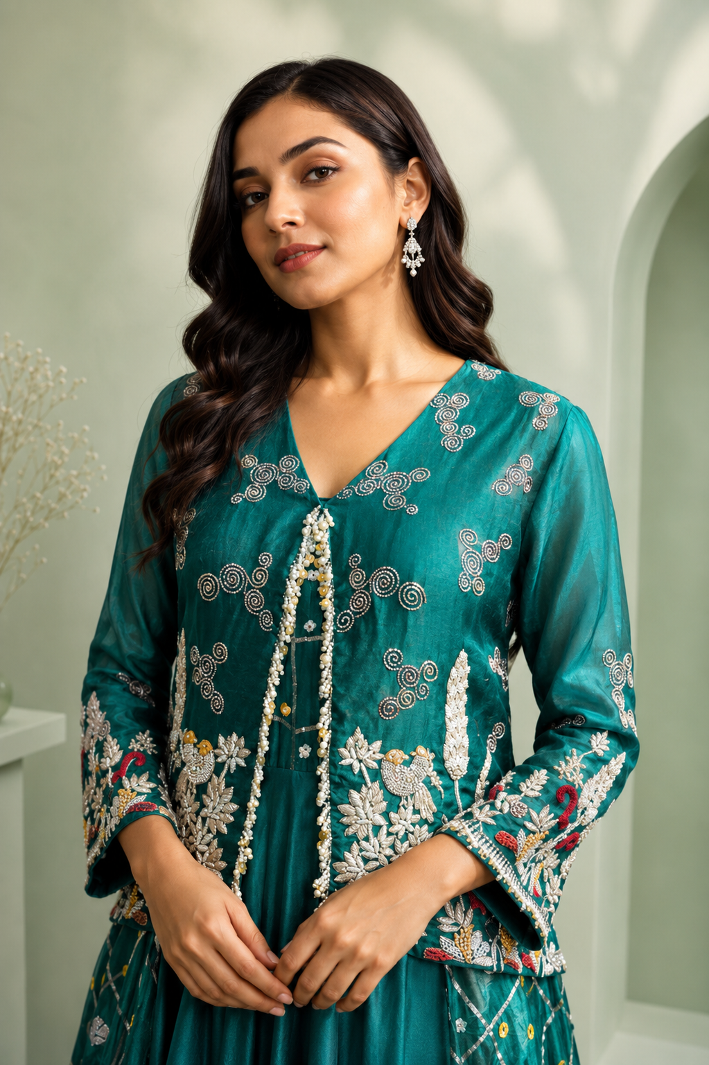 Emerald Bloom Long gown Jacket Set