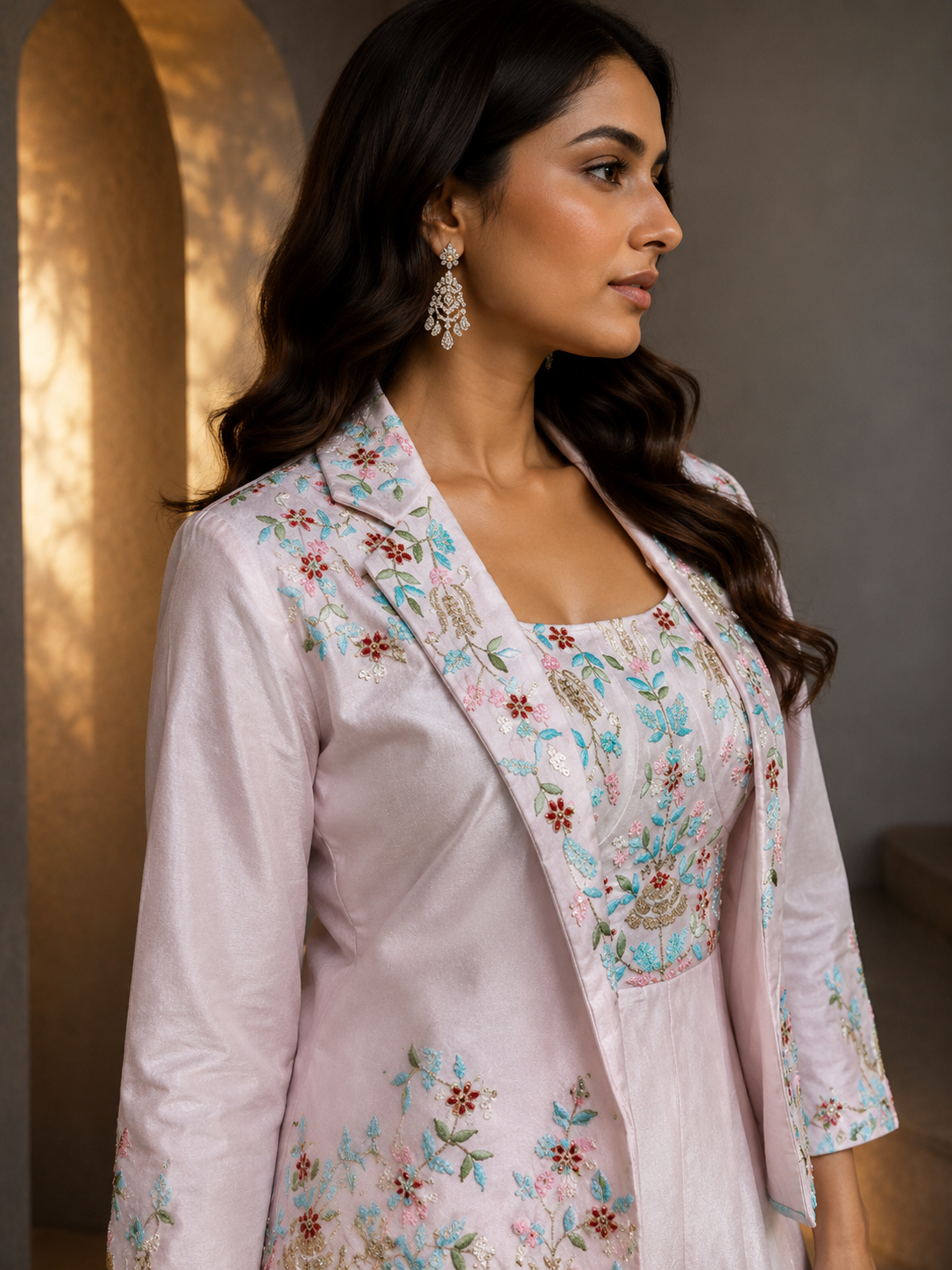 Baby pink Garden Embroidered Gown Jacket set