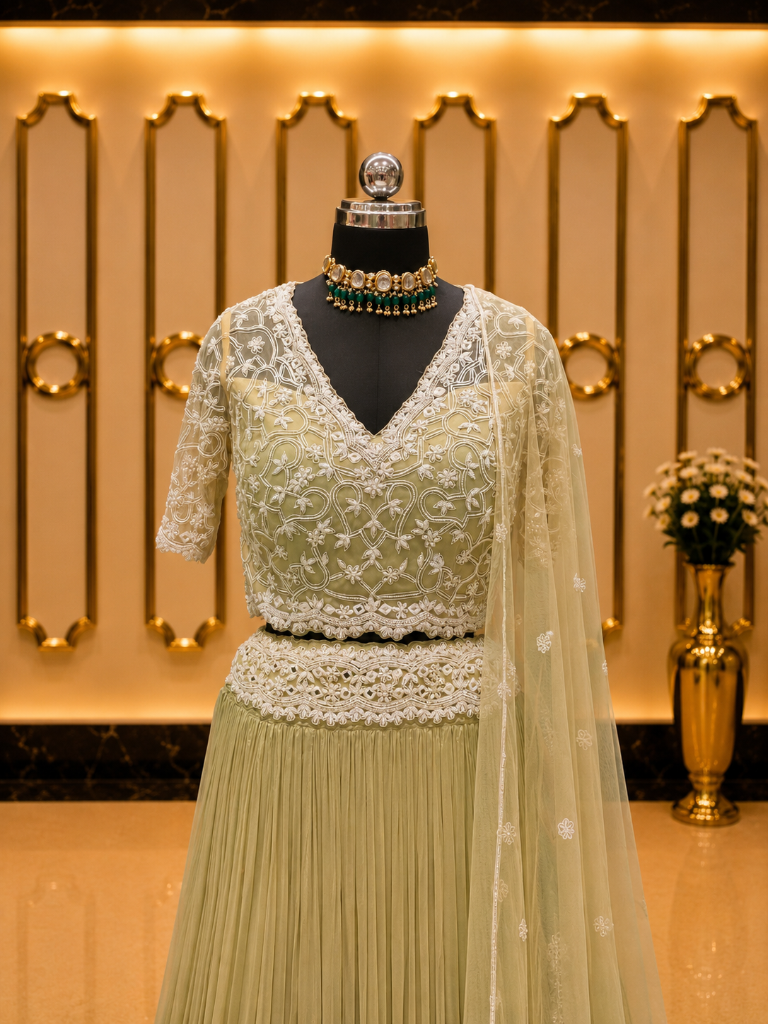 Sage Green Embroidered Skirt Set
