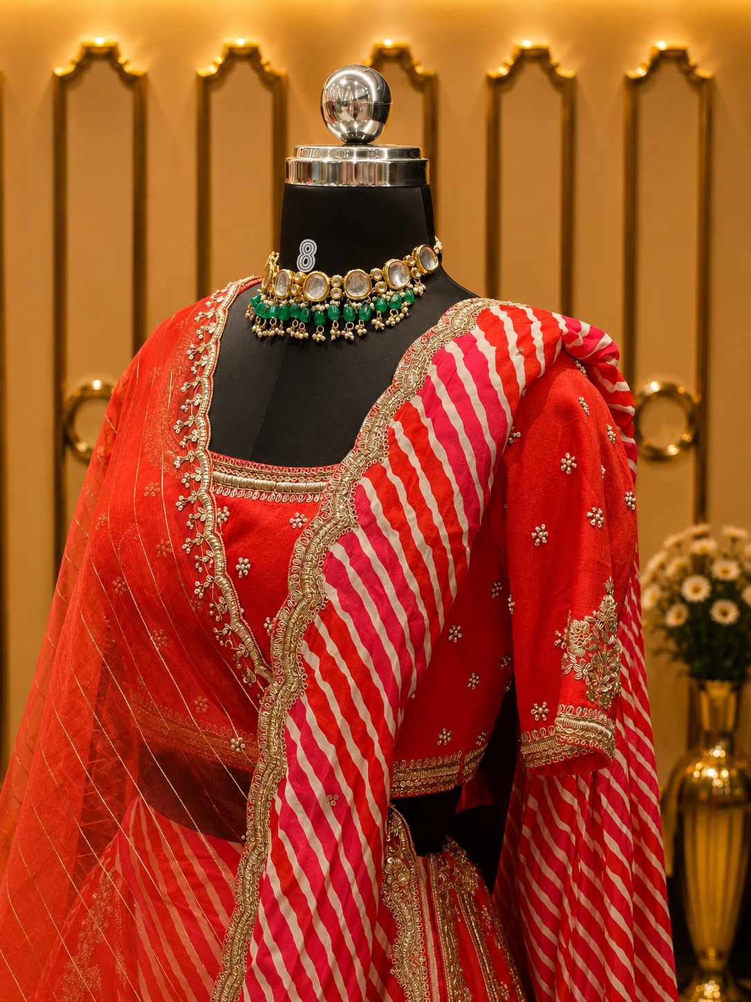 Red & Pink Leheriya Draped Ensemble