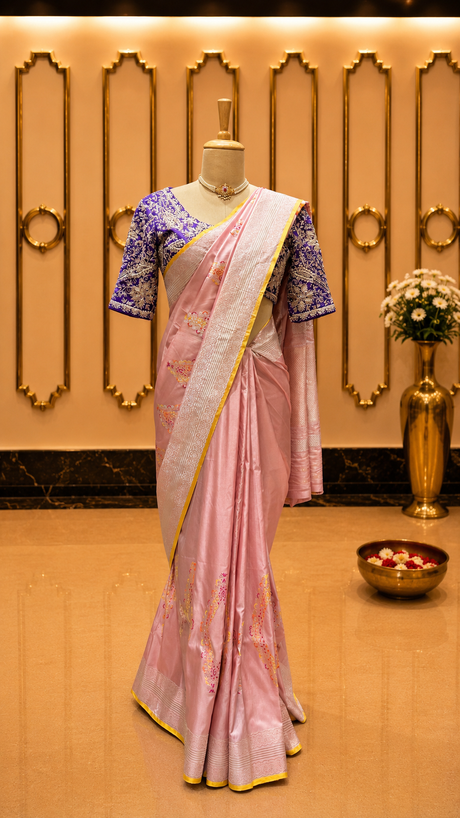 Blush Pink Banarasi Silk Saree with Floral Border