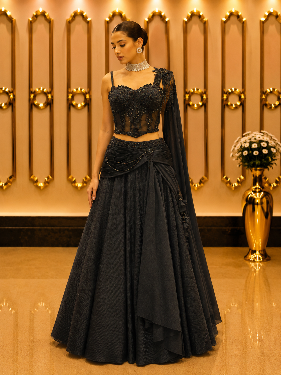 Midnight Noir Draped Lehenga Set