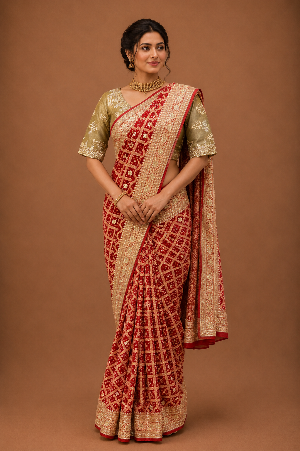 Red Bandhej Saree