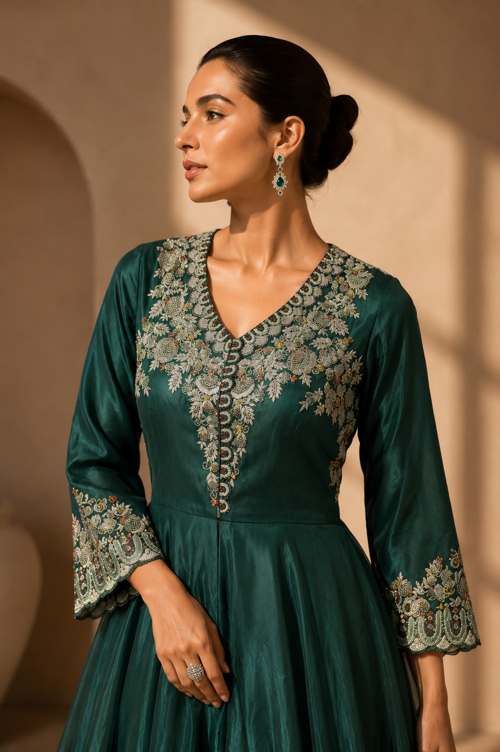 Emerald Cascade Embroidered Peplum and Palazzo Set