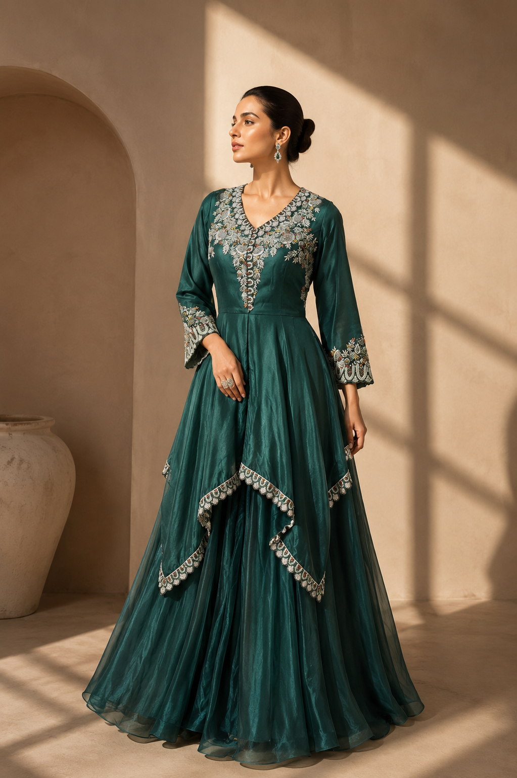 Emerald Cascade Embroidered Peplum and Palazzo Set