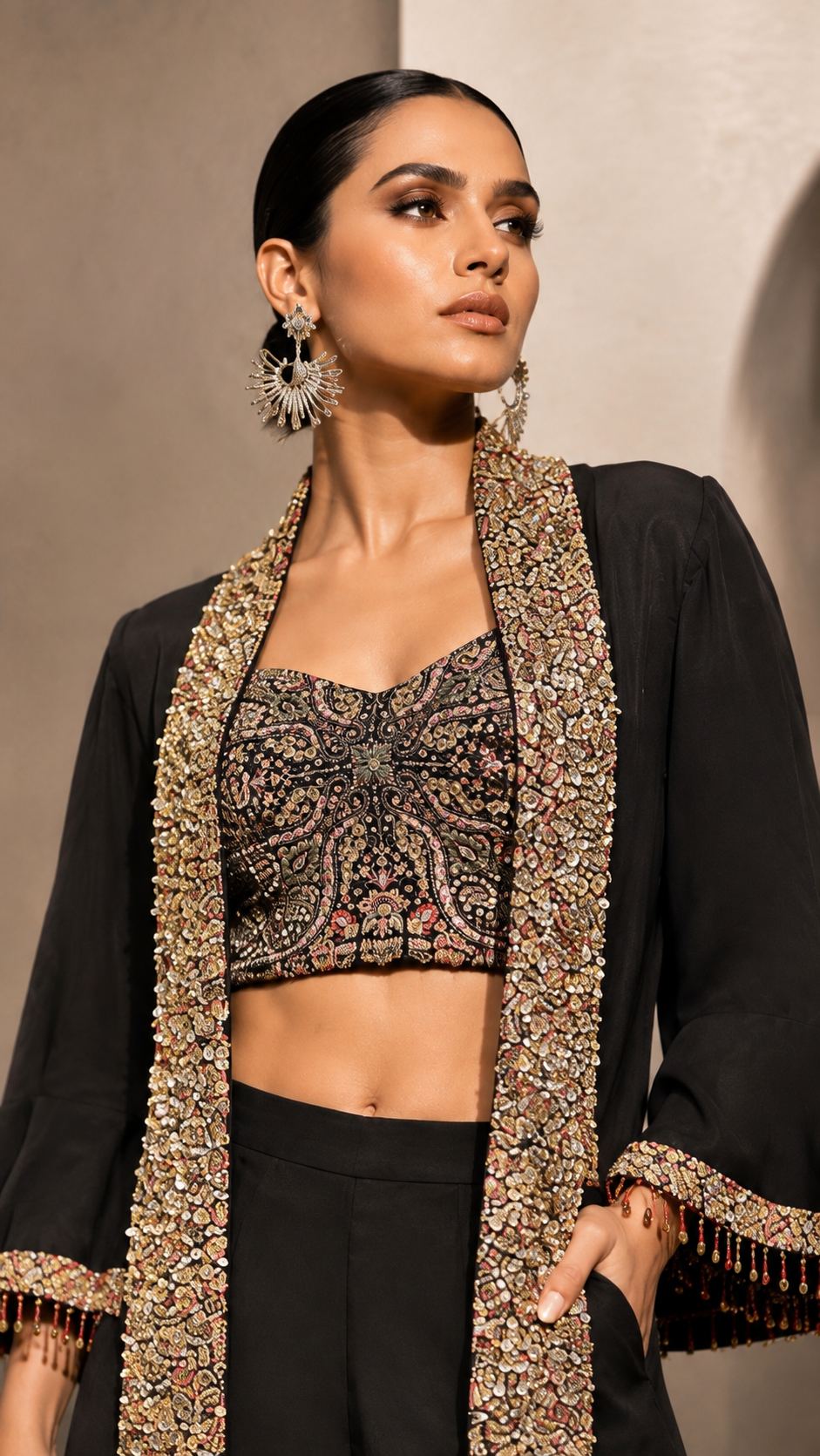 Midnight Elegance Embroidered jacket Set