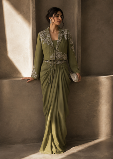 Olive Aura Embellished Drape Co-ord Set