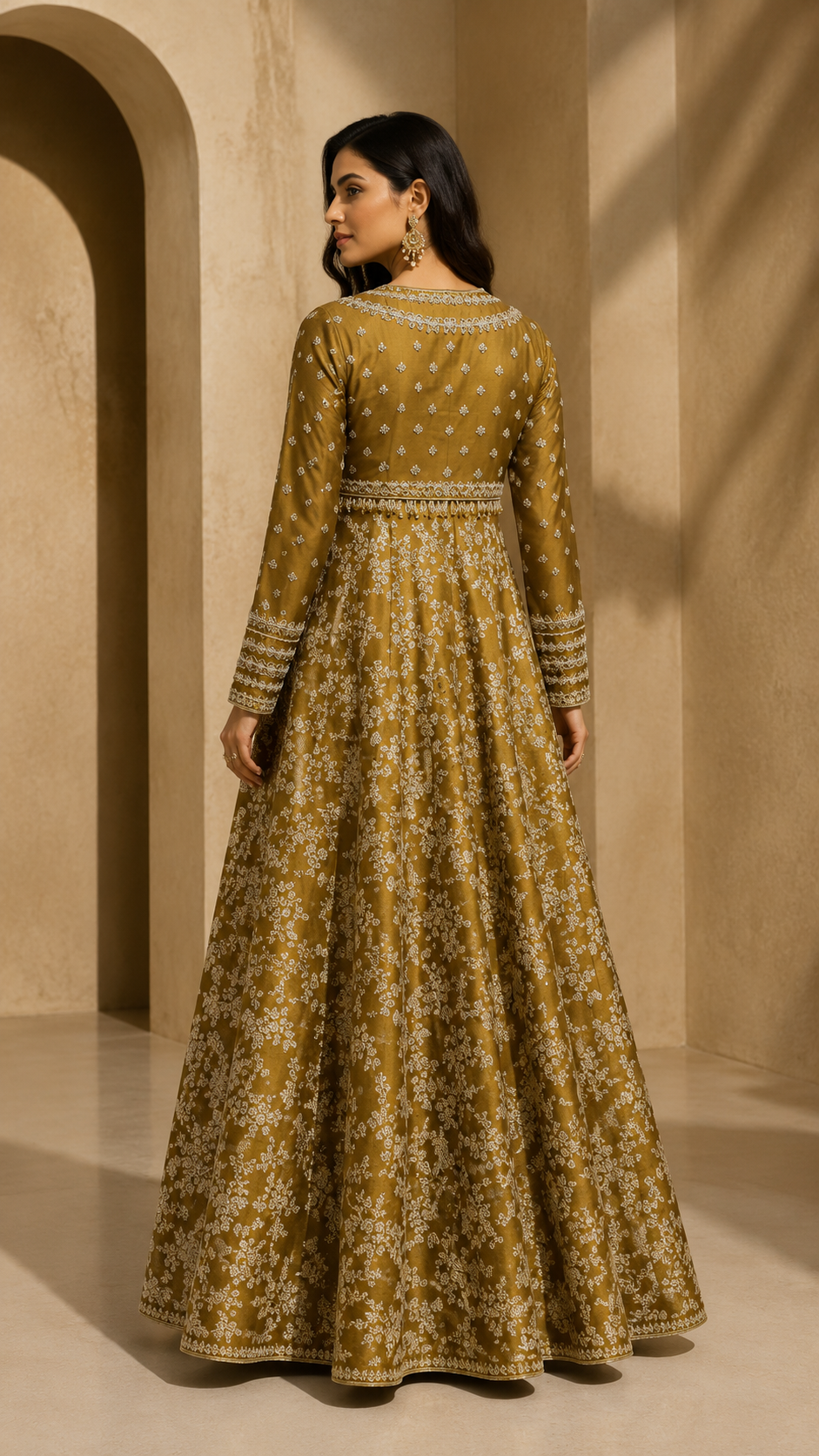 Regal Olive Gold Embroidered Gown