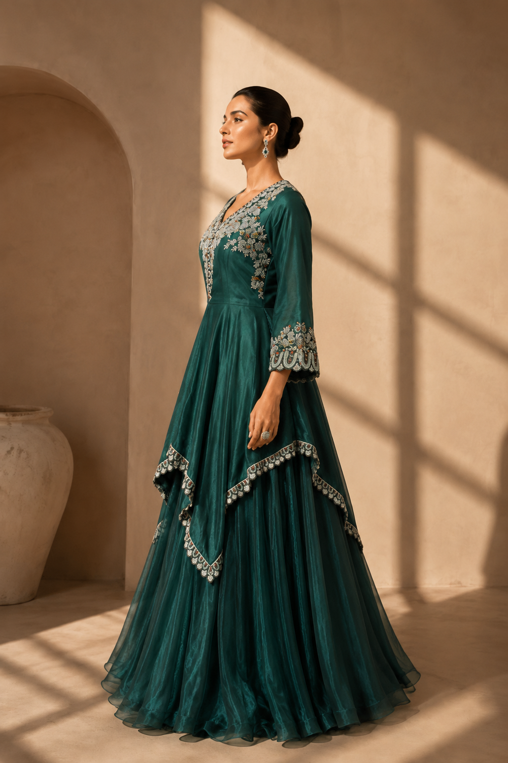 Emerald Cascade Embroidered Peplum and Palazzo Set