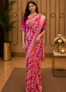 Rani Pink Floral Banarasi Silk Saree