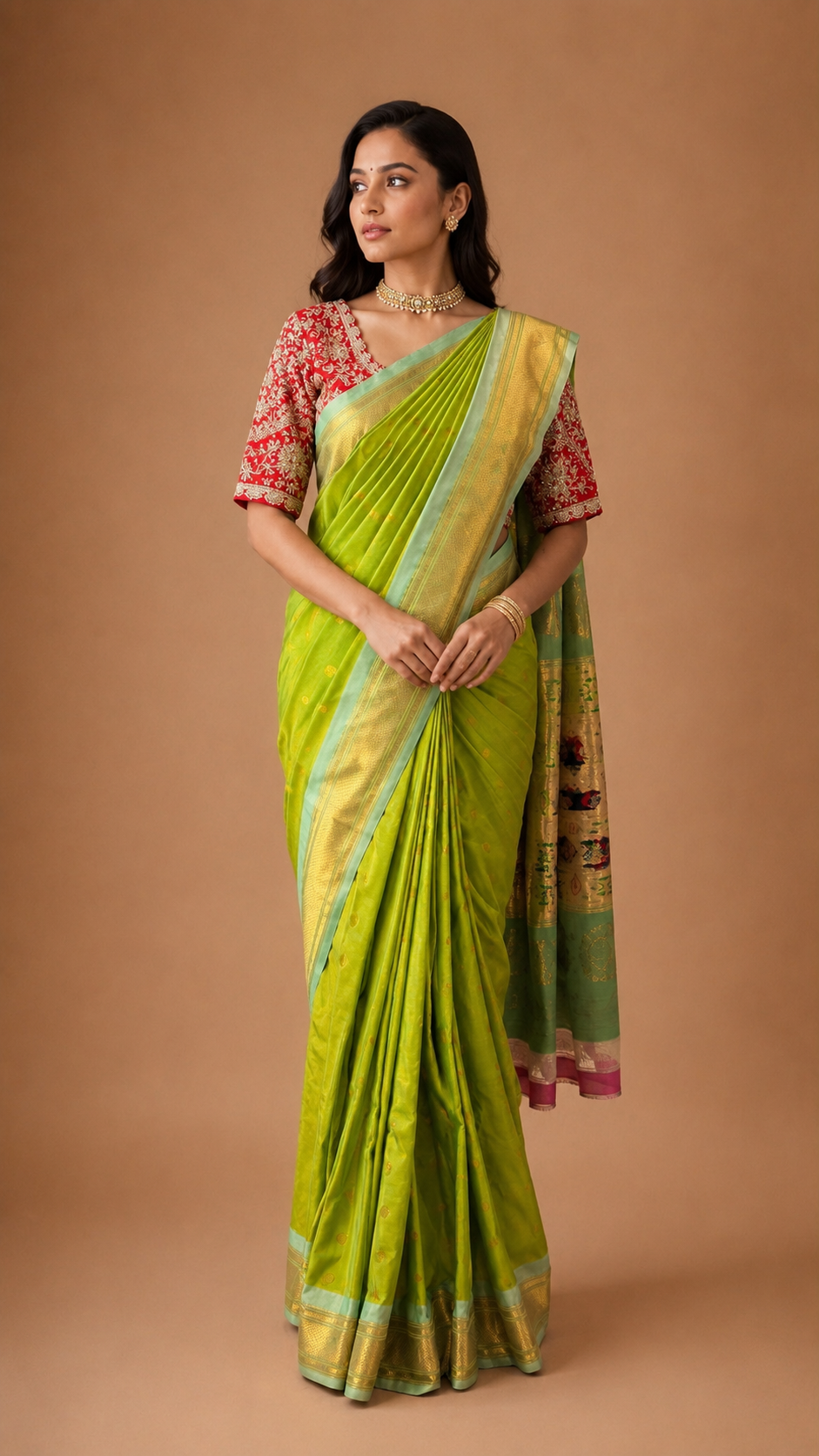 Lime Green Paithani Silk Saree