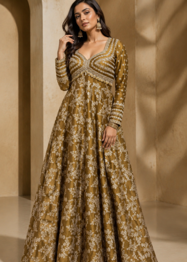 Regal Olive Gold Embroidered Gown