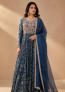 Midnight Blue Embroidered Ethnic Gown with Organza Dupatta